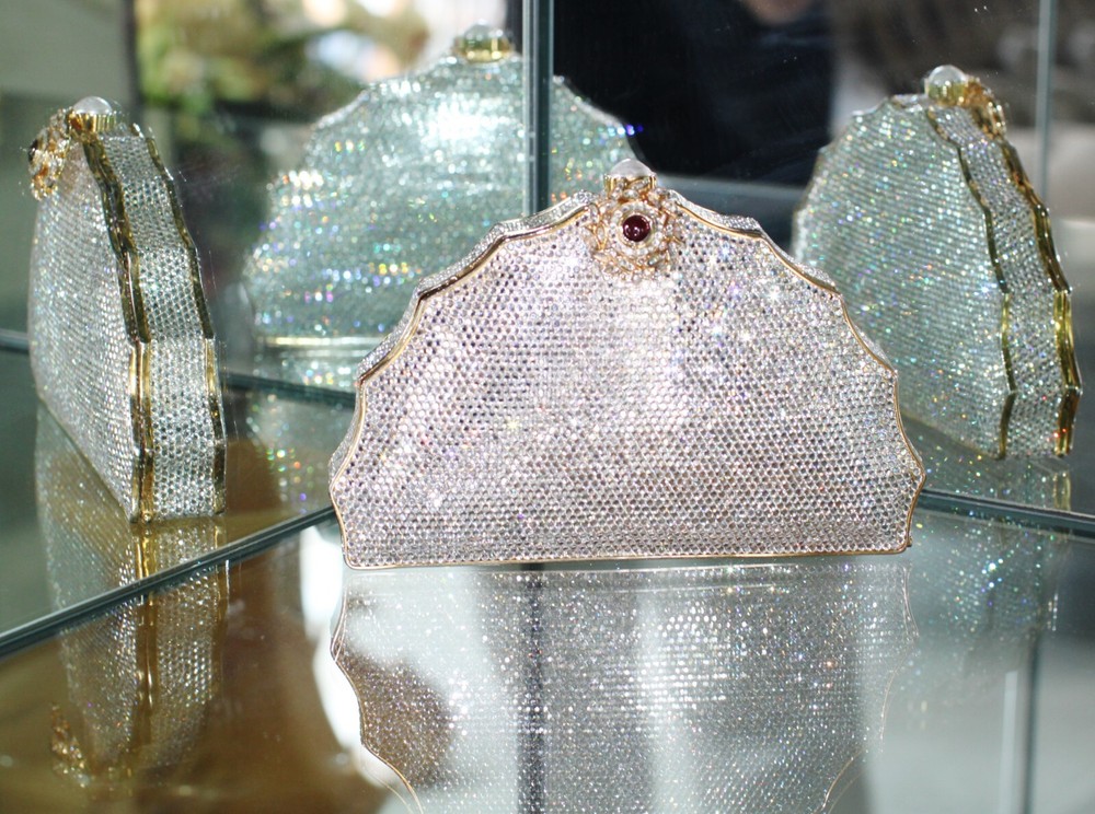 Judith Leiber Swarovski Crystal Chinese Fan Clutch with Pearl Accents