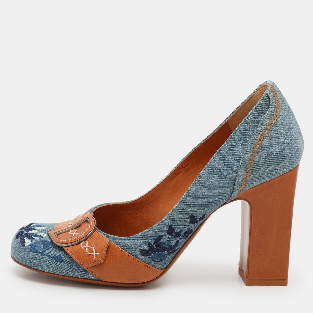 Dior Blue Tan Denim Leather CD Logo Pumps Size 36