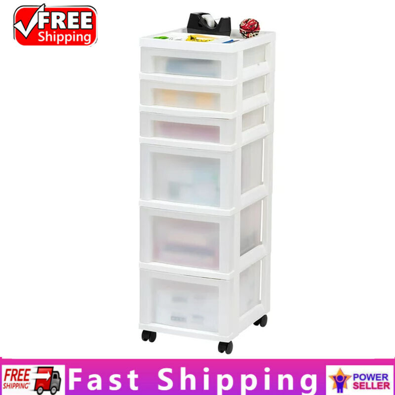 6-Drawer Rolling Plastic Storage Cart with Organizer Top for Dorm or Home