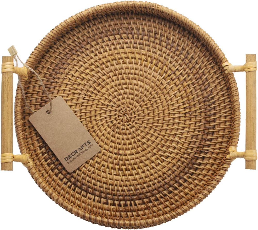 round Rattan Tray Woven Bread Basket with Handles Small Cracker Tray for Serving