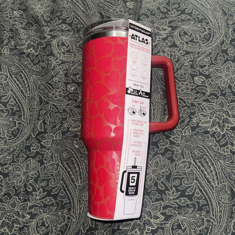 Red  Hydragear Atlas 40 oz Stainless Steel w/ Heart Straw Cover NEW!