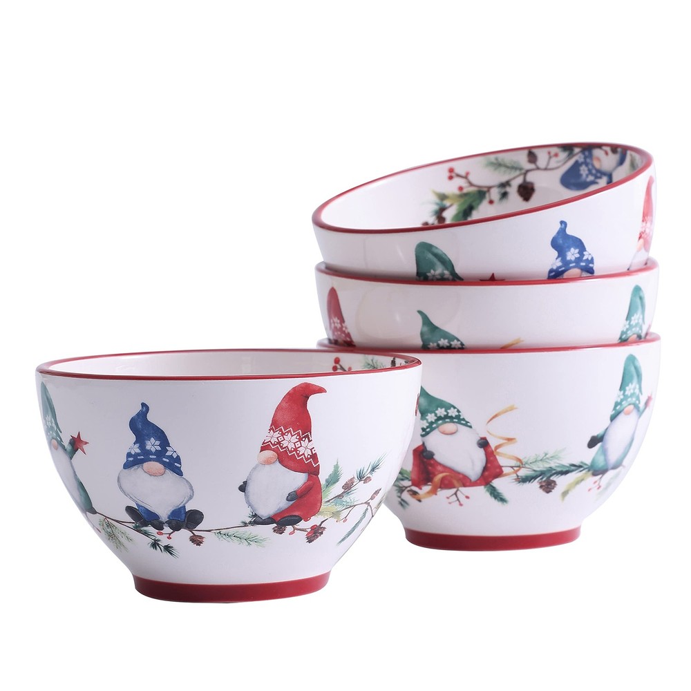 Christmas Gnomes Cereal Bowls Set of 4, 29 oz Deep Ceramic Soup Bowls for Cer...