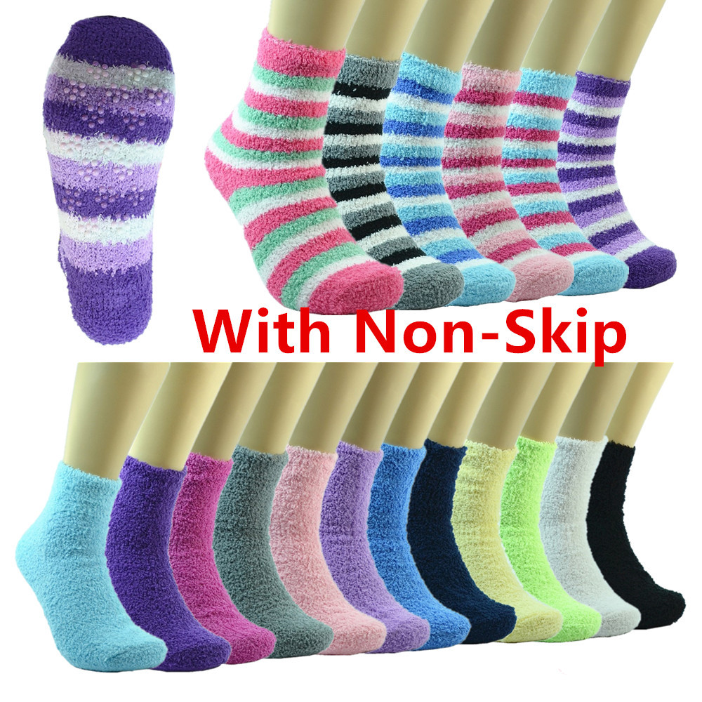 3-10 Pairs Soft Winter Non-Skid Cozy Fuzzy Stripe Solid Slipper Socks 9-11