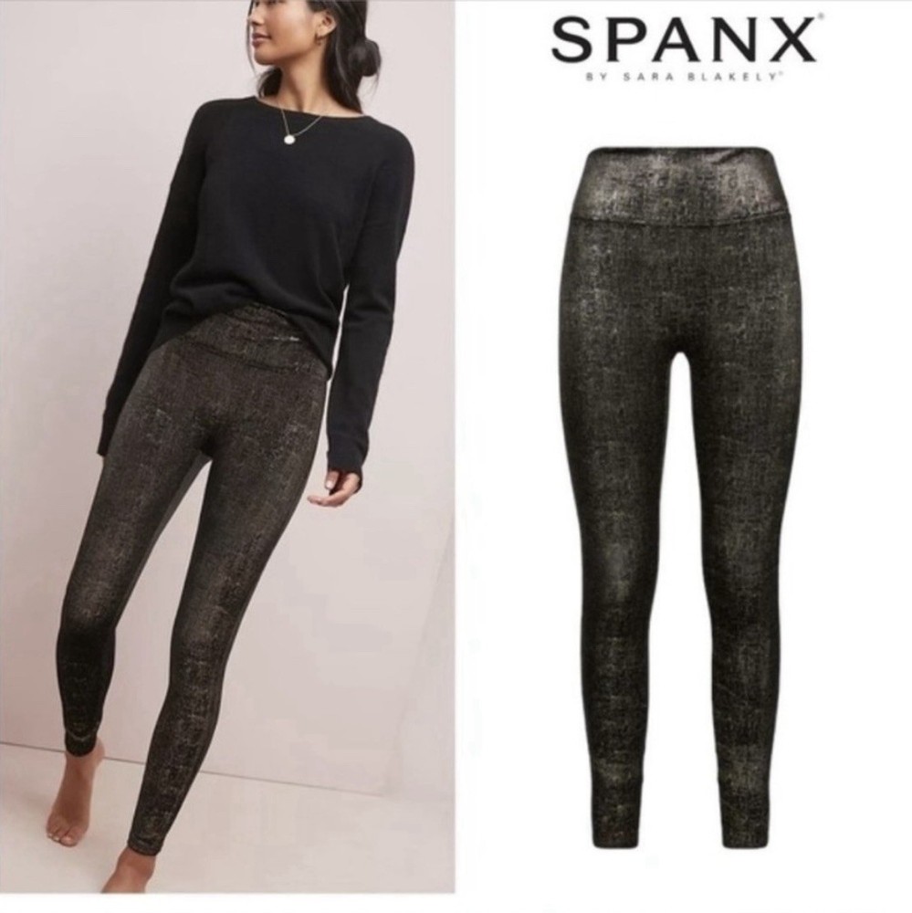 Spanx Metallic Foil High Waist Leggings Black Gold Shaping Control