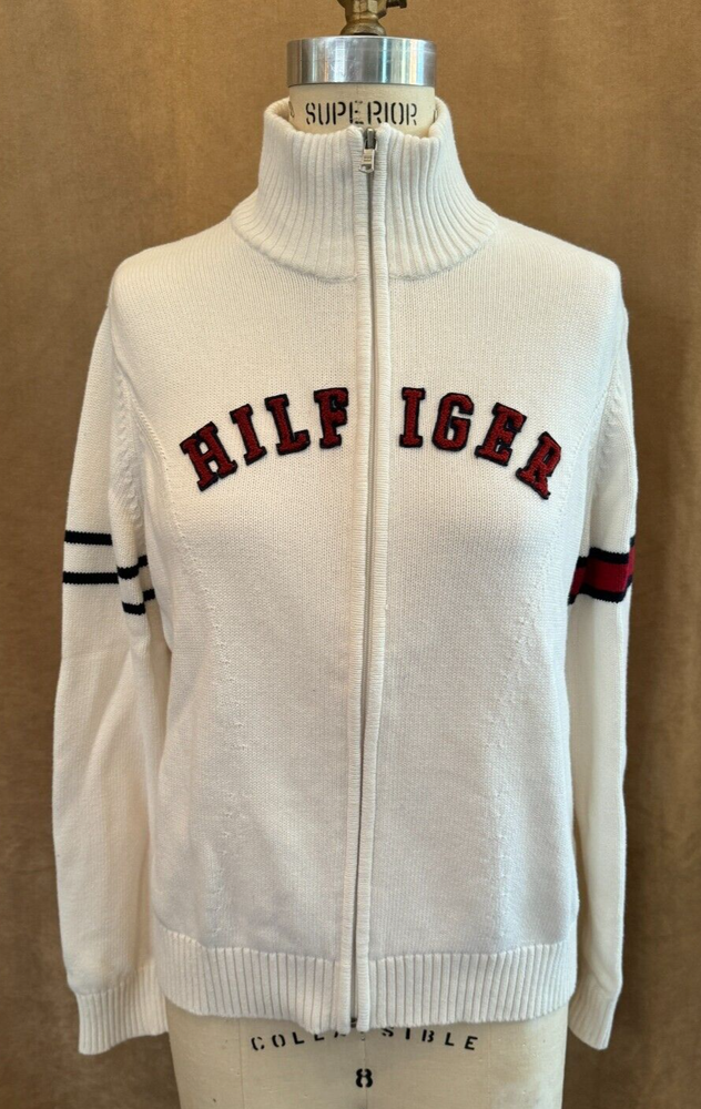 XL Tommy Hilfiger women Sweater Knit Logo Full Zip extra large cardigan varsity