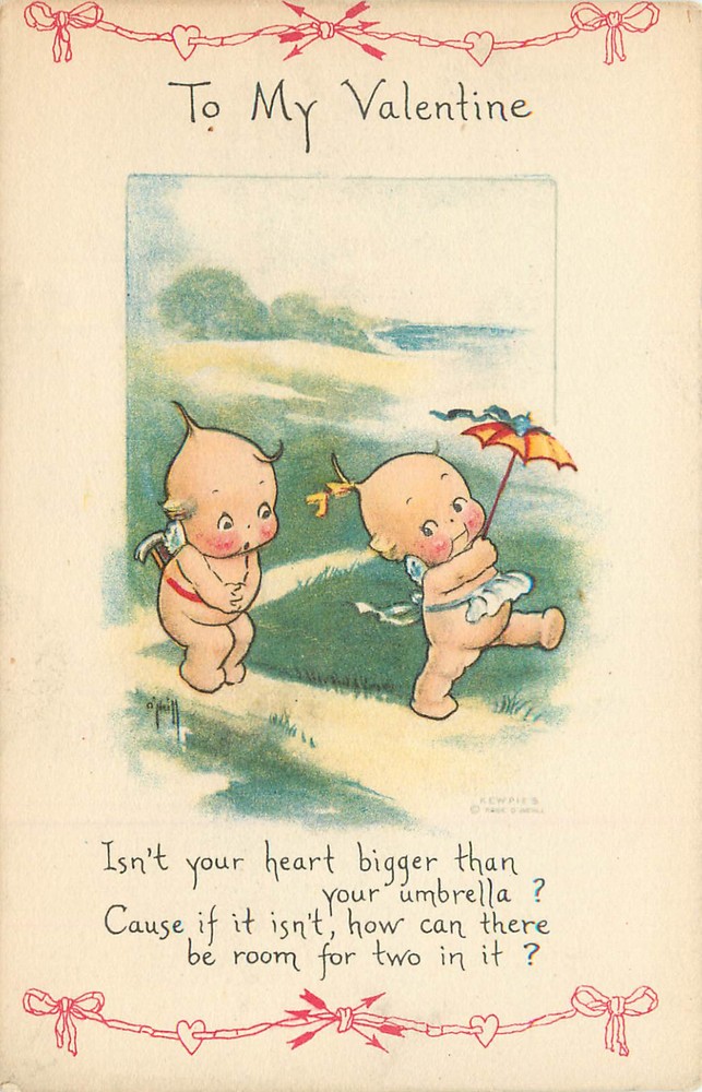 Gibson Art Postcard Rose O'Neill Kewpies Valentines Heart Bigger Than Umbrella