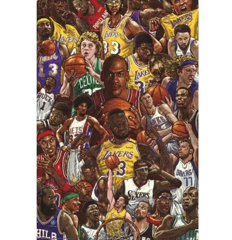 NBA HOF COLLAGE POSTER JORDAN DR J BIRD MAGIC JABAR NEW