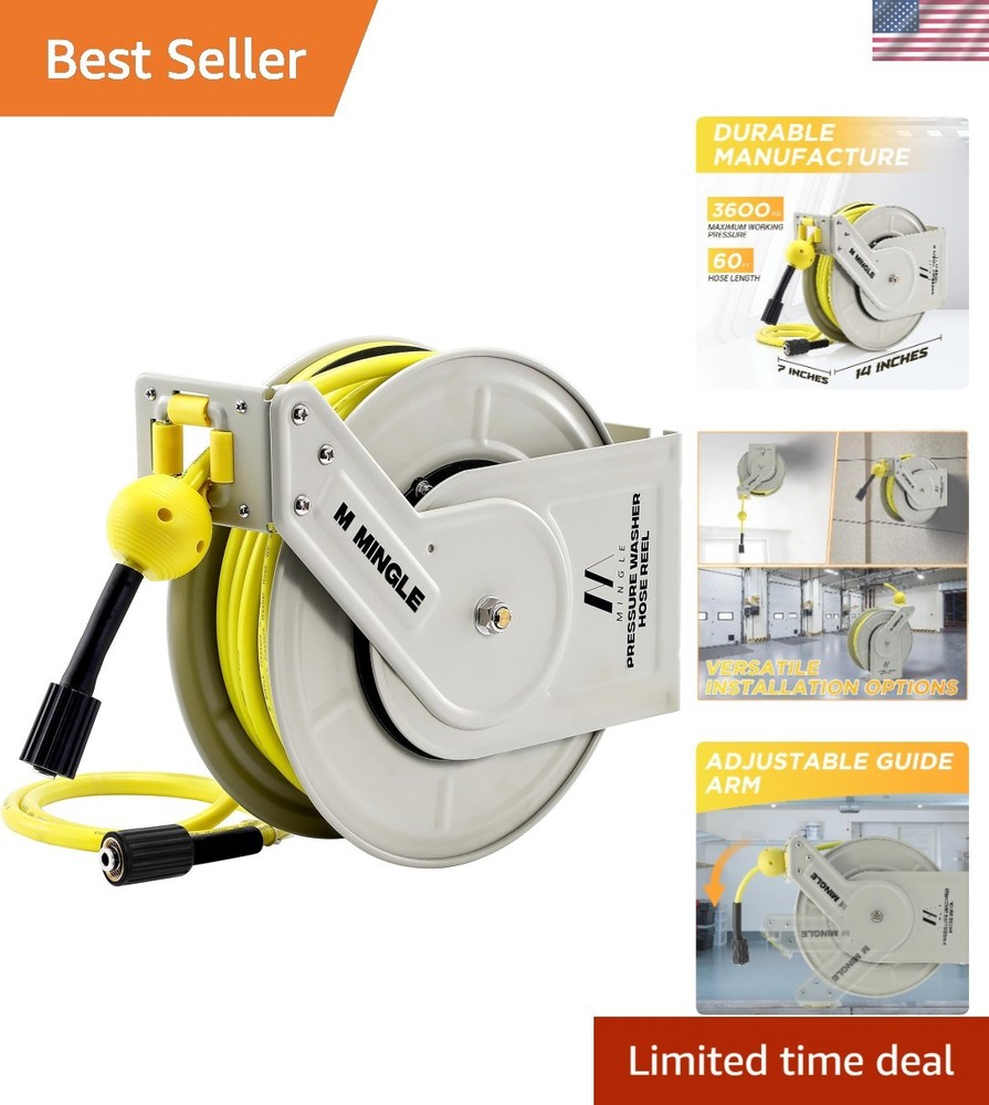 Retractable 60ft Metal Pressure Washer Hose Reel Wall or Floor Mount Auto Rewind