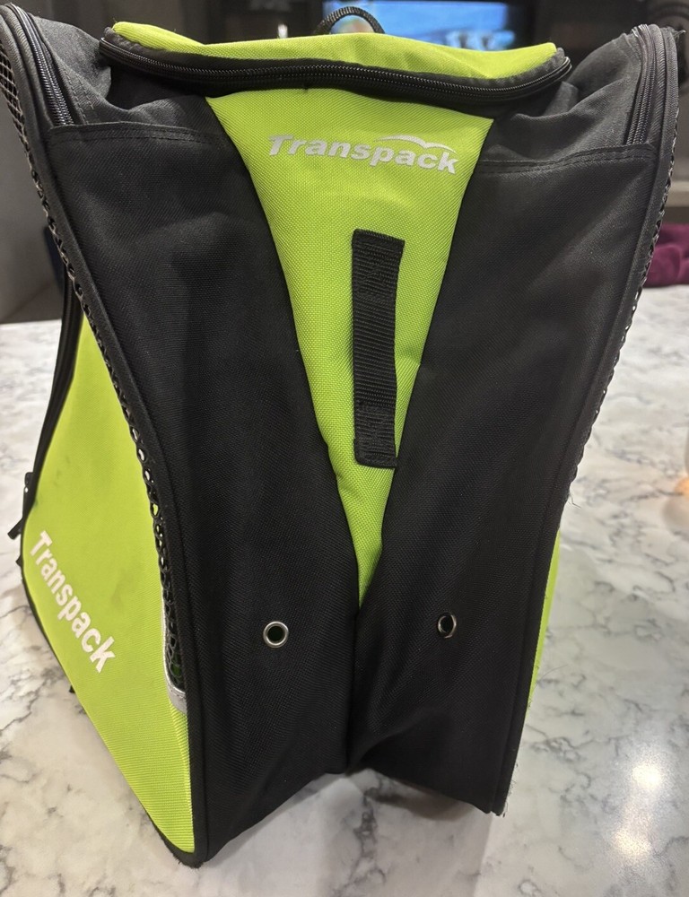 TRANSPACK Pro Ski Boot Bag Snowboard Case Green & Black. 3 Pockets EUC.