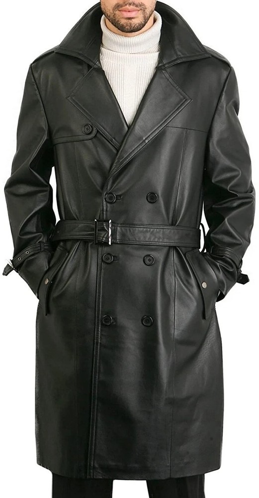 Men Lambskin Black Leather Knee Trench Coat Outwear Travel Long Coat MTC2a
