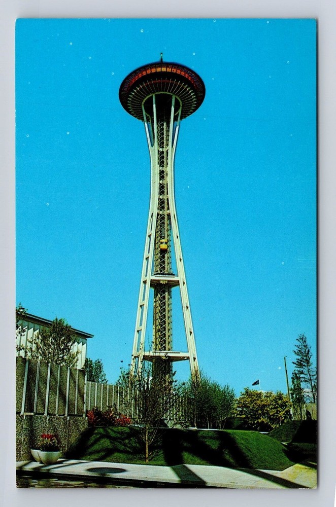 Seattle WA Worlds Fair vintage postcard at Space Needle base
