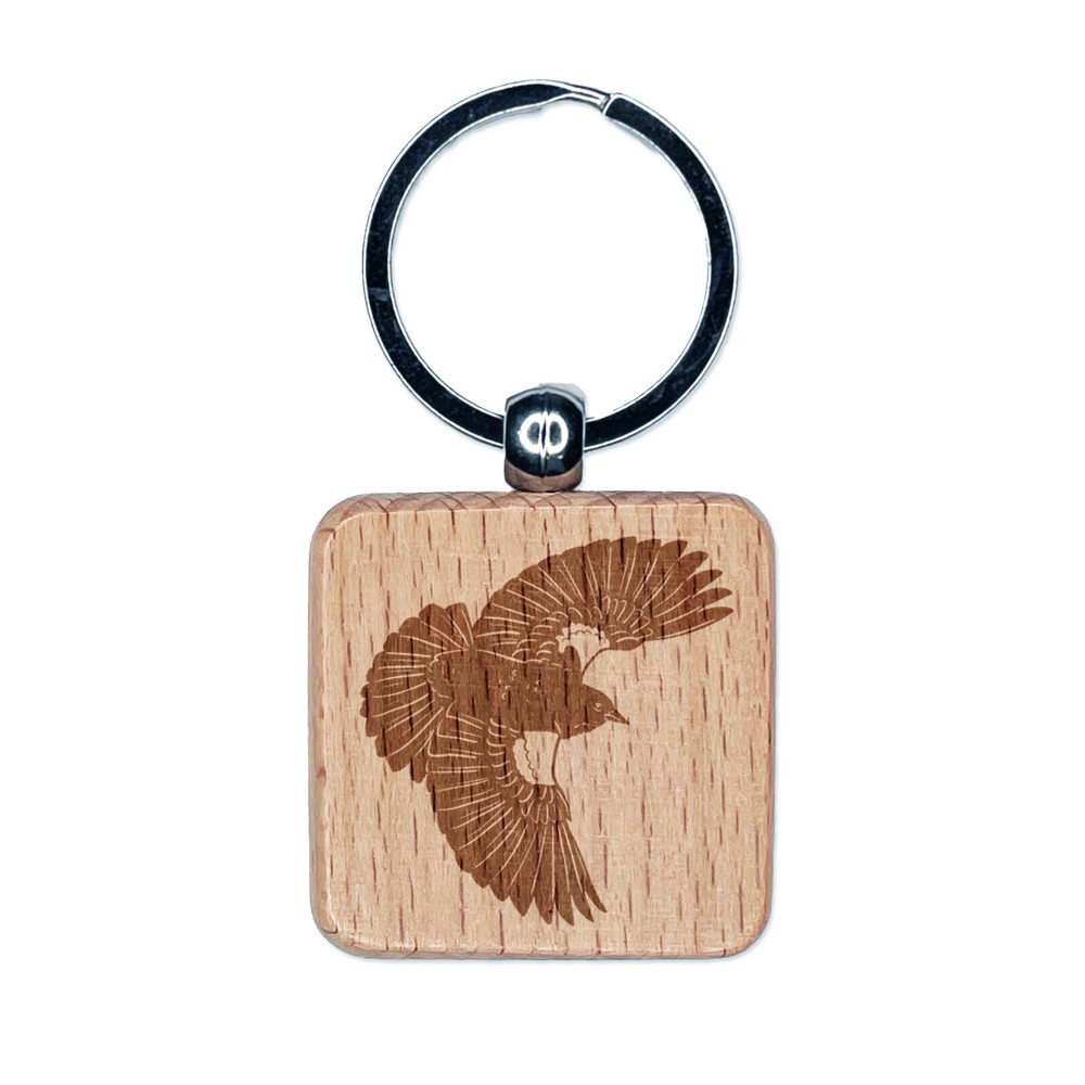 Red-Winged Blackbird Engraved Wooden Keychain Charm with Flight Design  