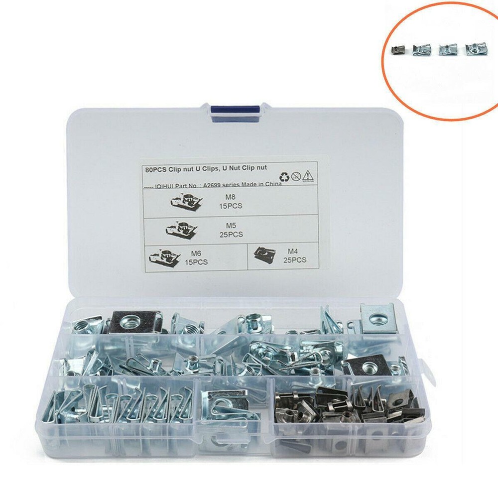 Car Body Door Fairing Panel U Clips U Nut Assortment Kit W/box M4 M5 M6 M8 80X