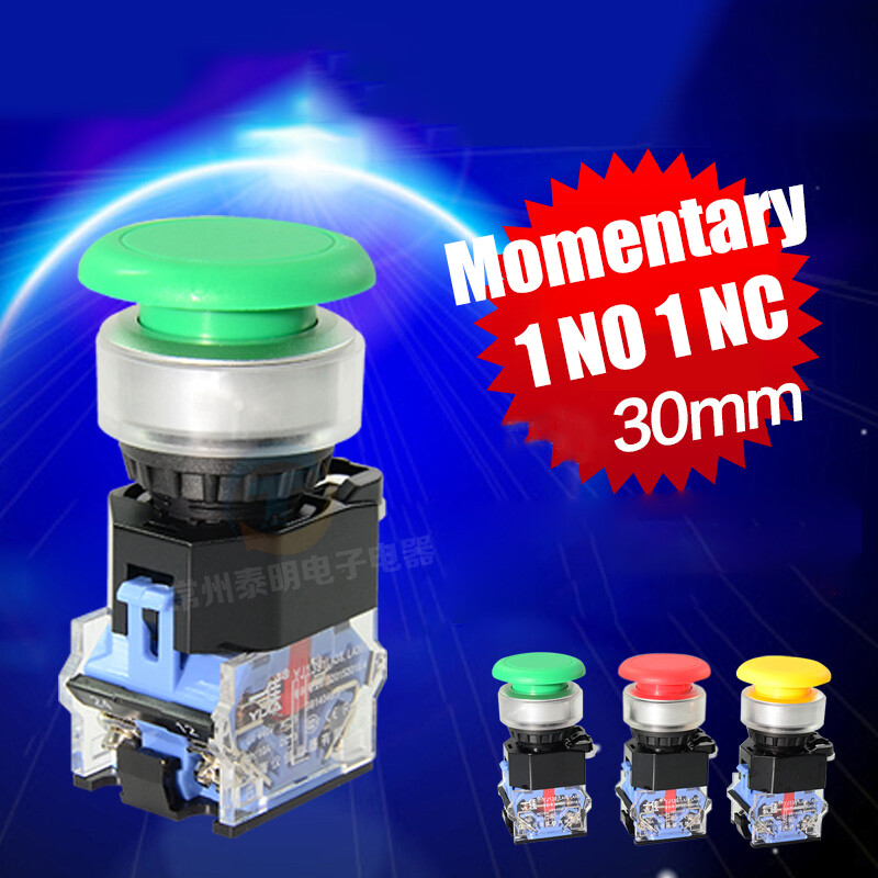 30mm Push Button Switch Momentary 1NO1NC Mushroom Head Switches Red/Green/Yellow