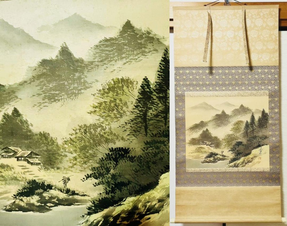 Hanging Scroll Haruhiro Landscape And Water Diagram Japanese Painting Silk Paper