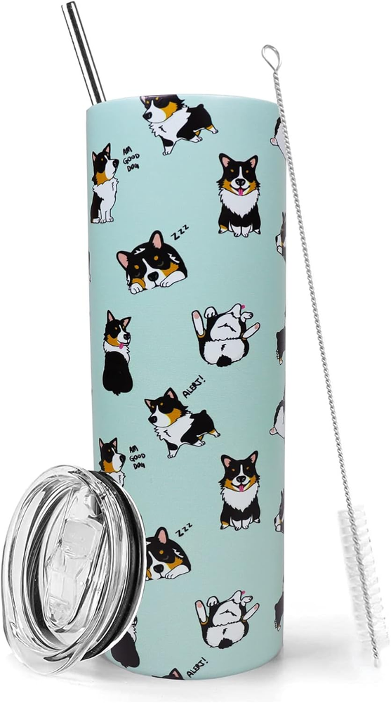 Corgi Tumbler with Lid and Straw 20 Oz Insulated Dog Tumbler Stainless Steel Cor