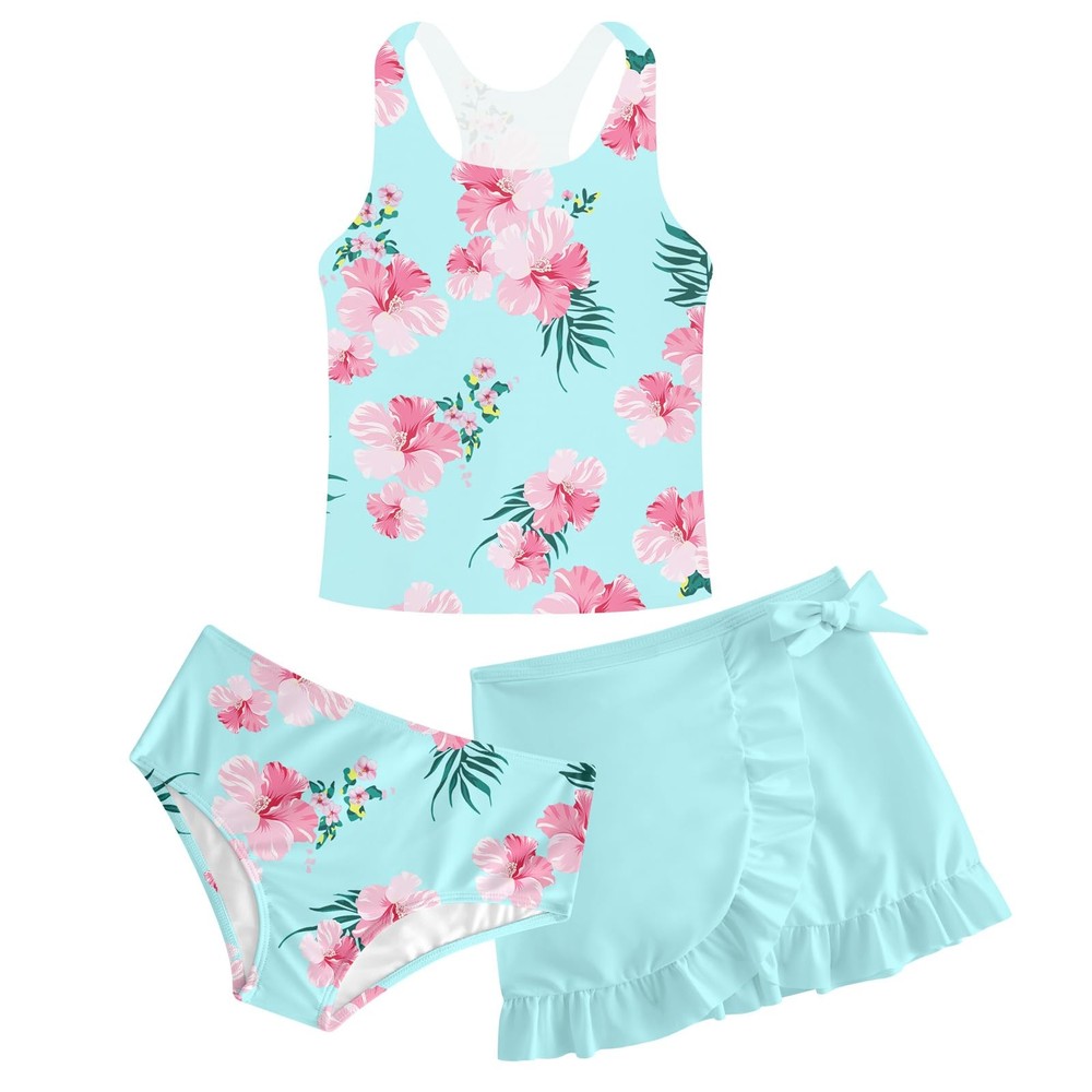 Girls Bathing Suit 3 Piece Set Pink Floral Hawaii Bikini Easter Swimsuits wit...