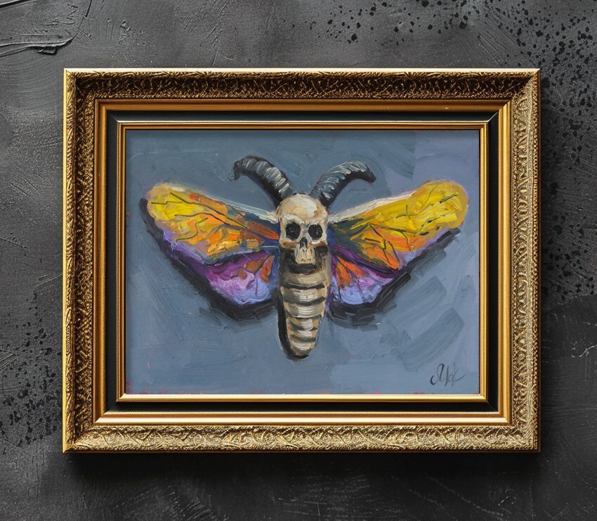 Halloween Oil Painting Head Moth Original Wall Art Butterfly Wall Decor Skull