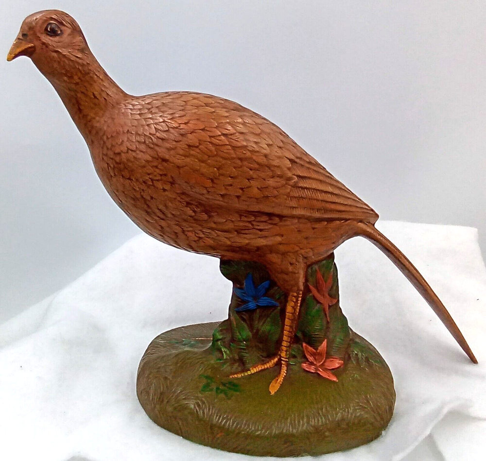 Vintage Handmade Ceramic Pheasant Figurine Brown Green Floral Game Bird