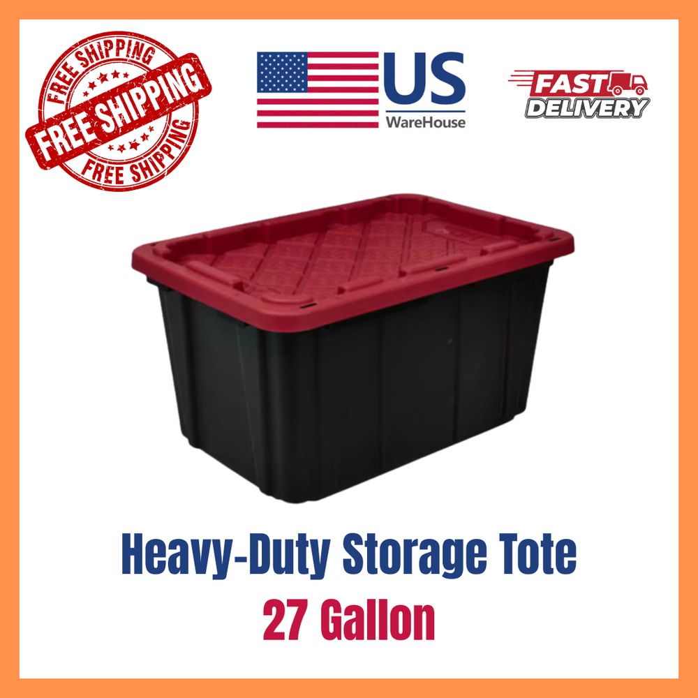 27 Gallon Heavy-Duty Black Storage Tote with Secure Red Lid