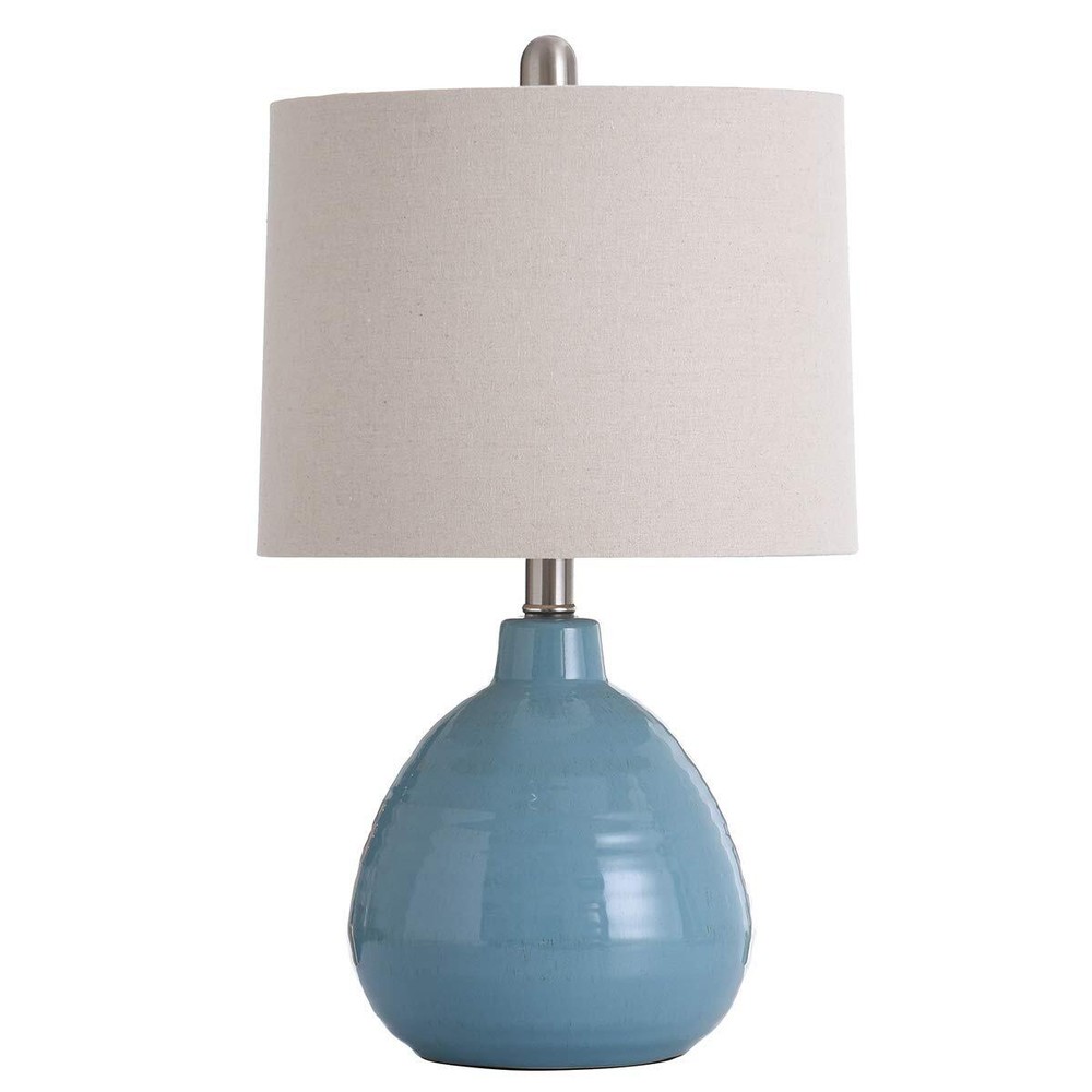 L22019DDSAM Ceramic, Seaside Storm Blue Finish, Beige Hardback Linen Shade Ta...