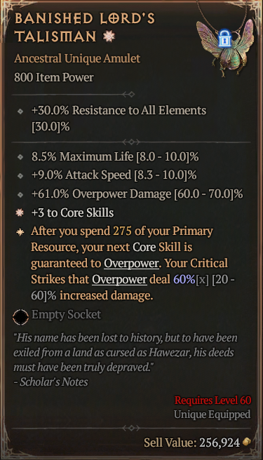 Diablo 4🔥Season 7 Softcore🔥Banished Lord's Talisman Unique Amulet HIGH Rolls