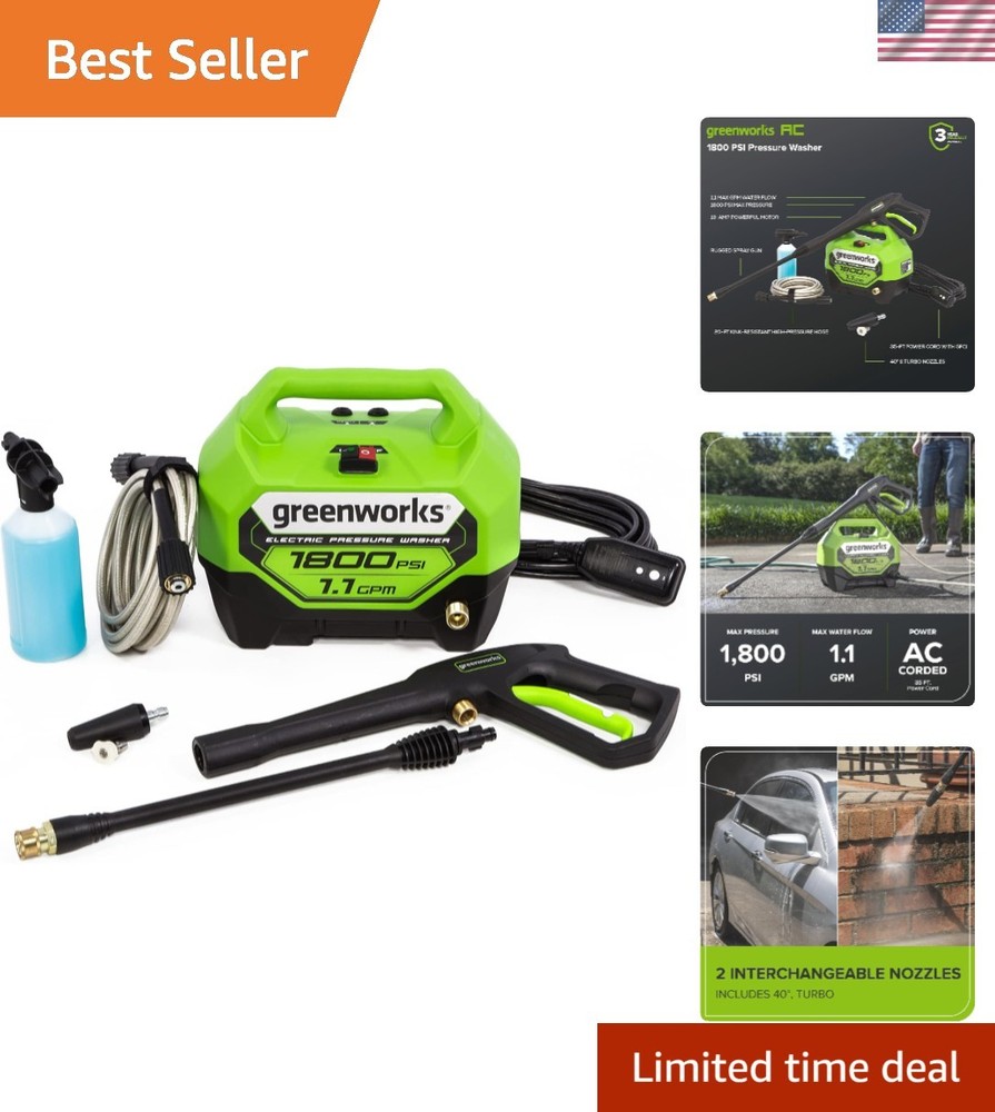 1800 PSI Portable Electric Pressure Washer with 1.1 GPM Flow and Easy Mobility