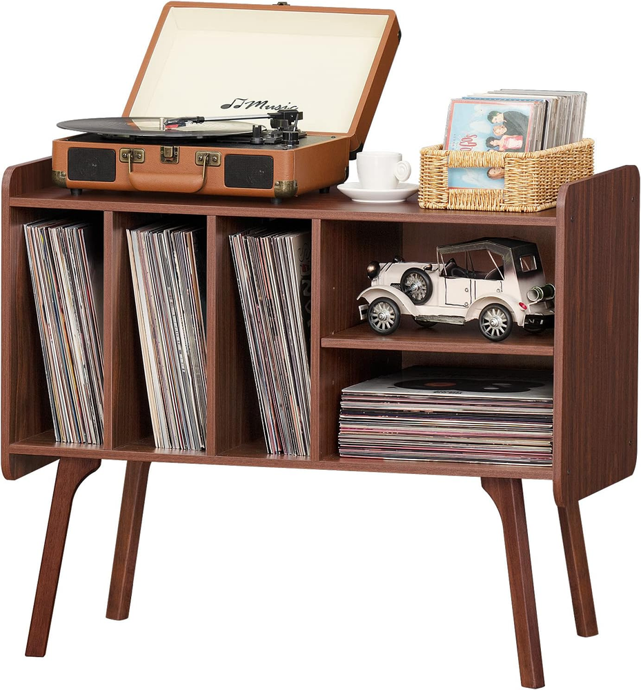 Mid-century walnut vinyl record player stand with storage for 220 albums