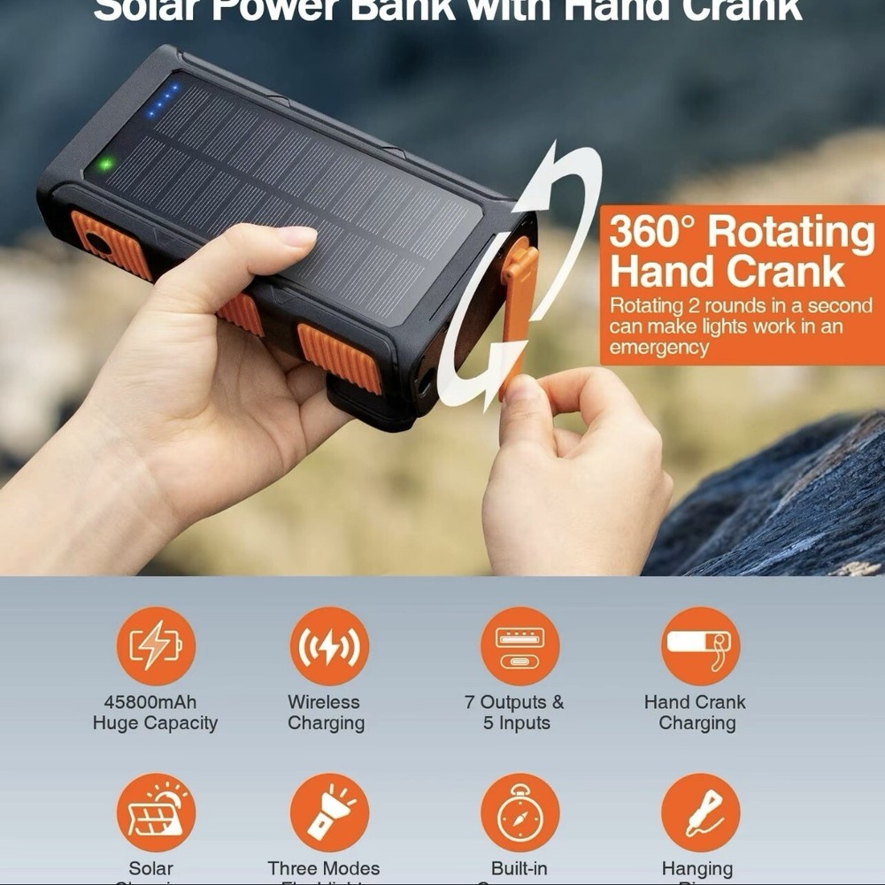 Versatile Portable External Solar Power Bank - Black/Orange/Blue/Green/White