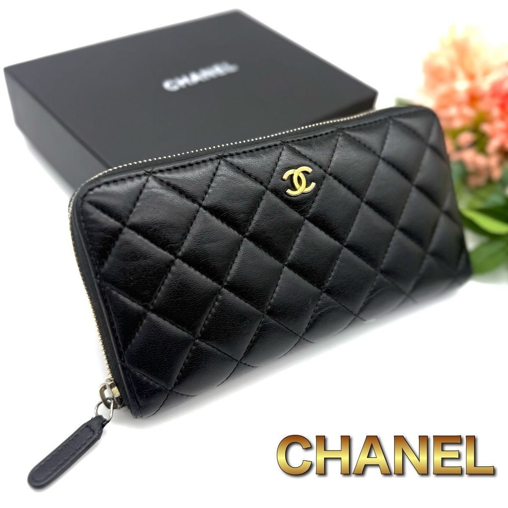 Chanel Black Lambskin Matrasse Round Zip Coco Mark Long Wallet L11