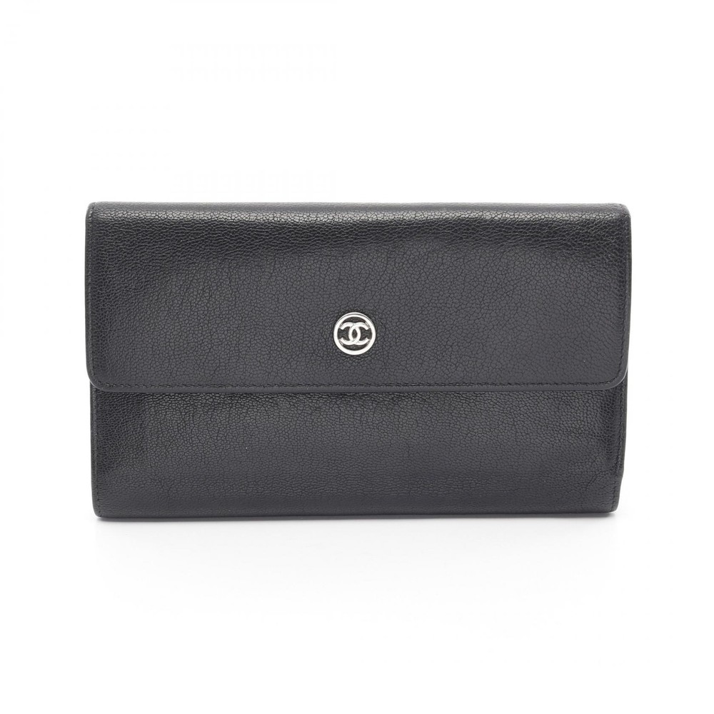 CHANEL COCO Mark Tri-fold Long Leather Wallet Black SHW CC A33922 Pre-Owned Women