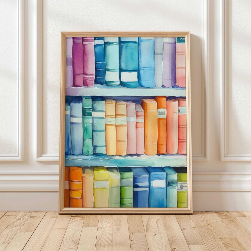Colorful Bookshelf Watercolor Print  Modern Book Lover Wall Art  Vibrant