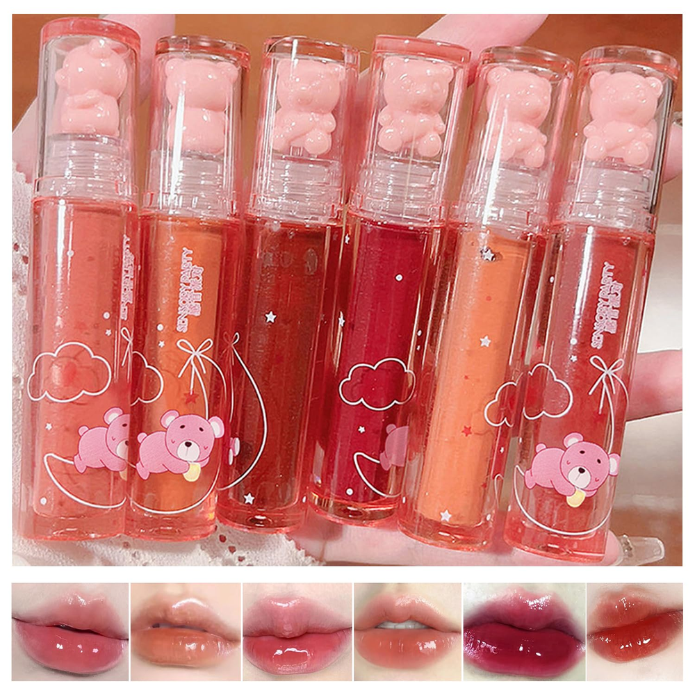 6Pcs Jelly Lip Gloss Bear Lip Stain Moisturizing Watery Lipstick Waterproof Long