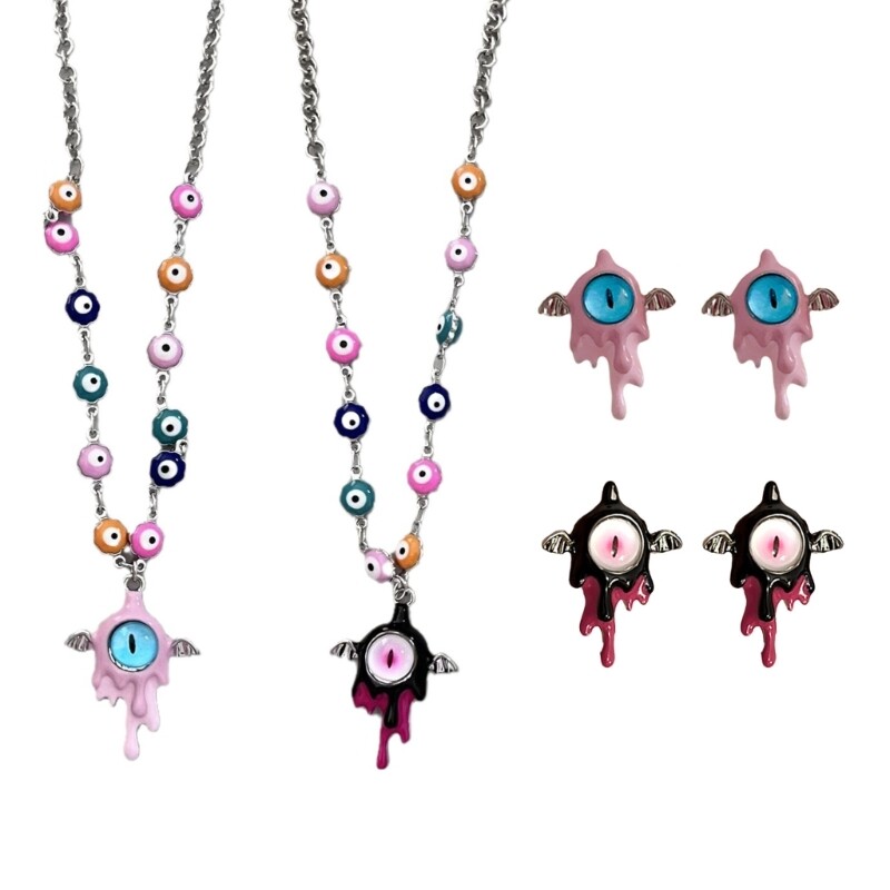 Evil Eye Y2K Chain Necklace and Stud Earrings Set in Alloy for Party
