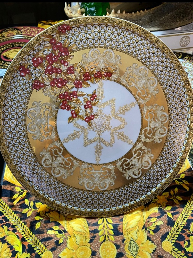 VERSACE GOLD CAKE PLATE MEDUSA CRANBERRY FOOTED TRAY 13