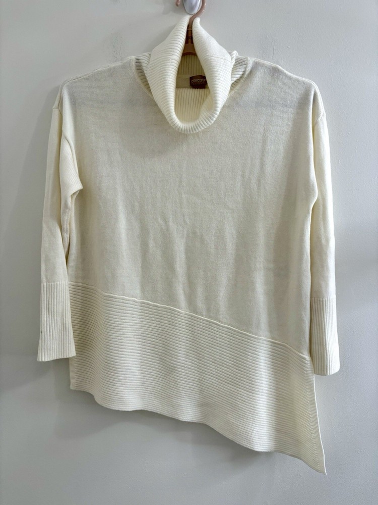 Chicos Sweater Women’s Soft Cozy Knit Ivory White Cowl Neck Top Size 1 Angle Hem
