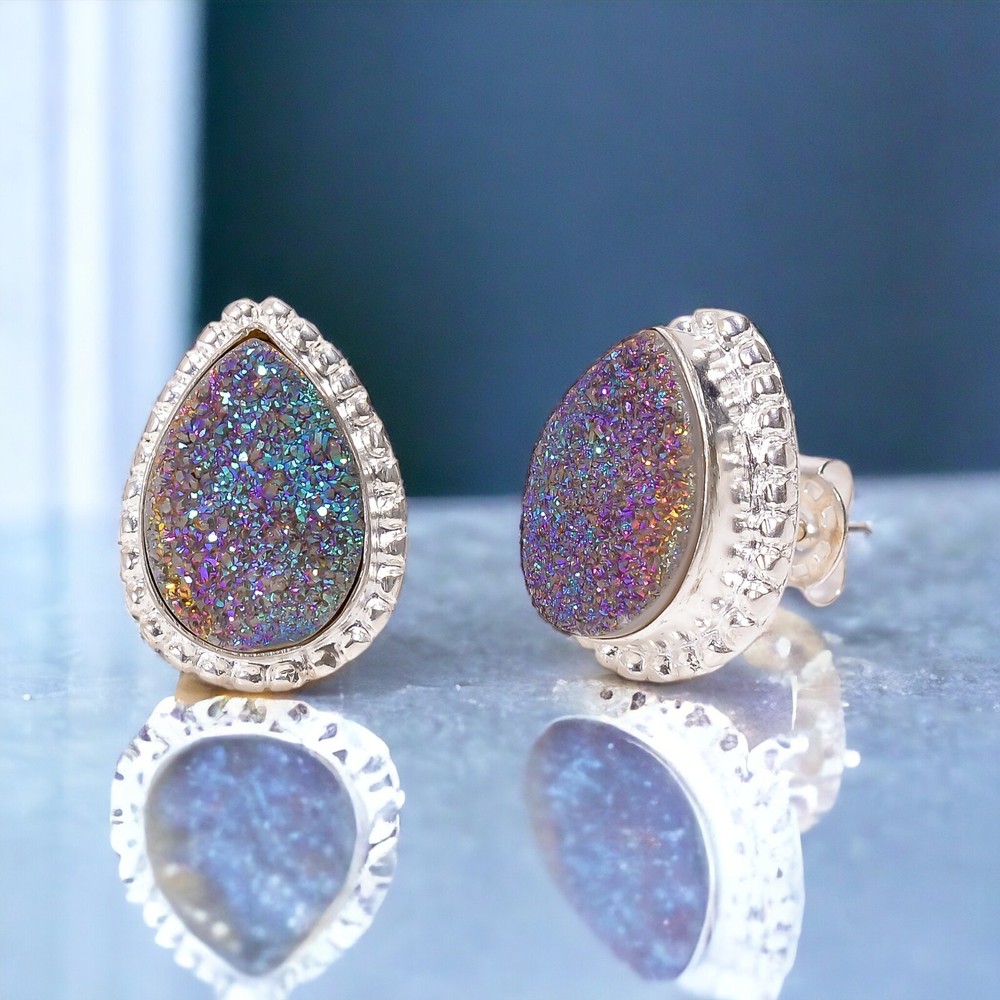 925 Silver Titanium Druzy Gemstone Stud Earrings Gift for Her Dainty Design