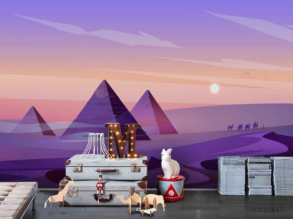 3D Pyramids Desert Sunset Illustration Wall Murals Wallpaper Murals Wall Sticker