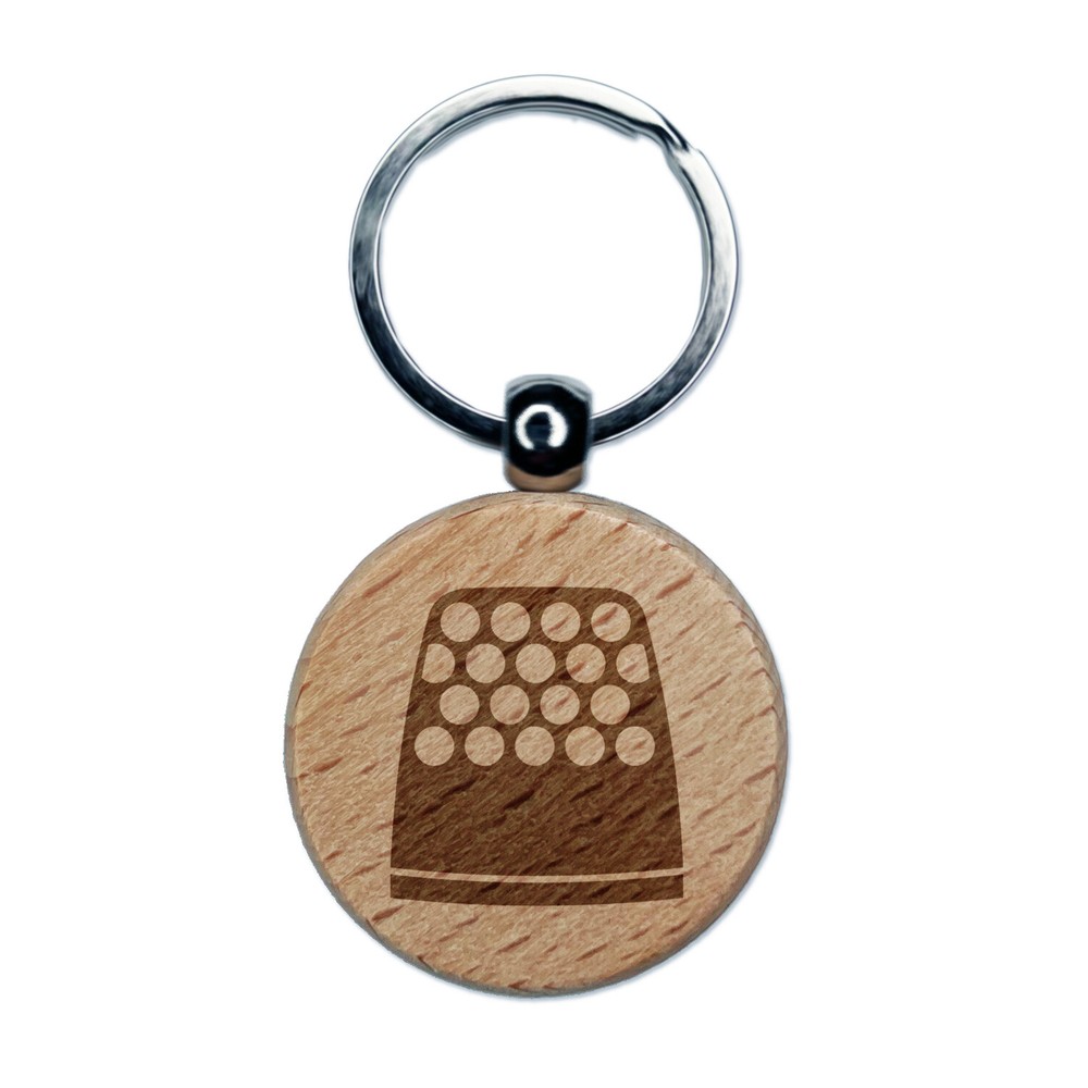 Thimble Sewing Engraved Wood Round Keychain Tag Charm