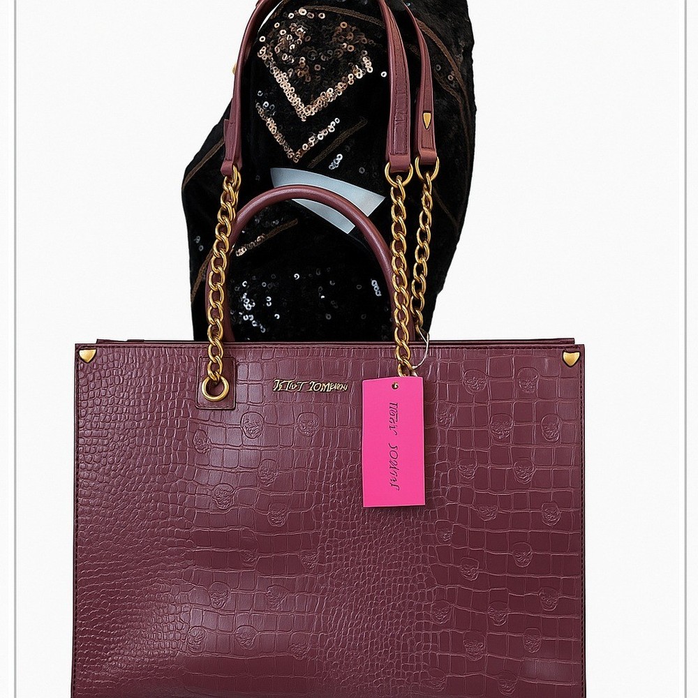 Betsey Johnson Plum Skull Embossed Croc Tote Bag – Gold Chain Straps – NWT