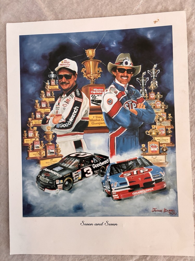 Vintage NASCAR Art Print Featuring Dale Earnhardt Sr and Richard Petty by Jeanne Barnes