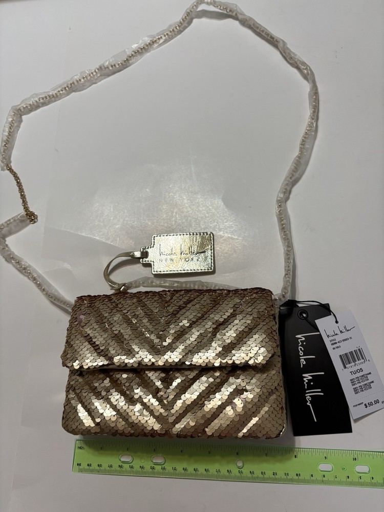 NWT Nicole Miller Gold Sequin Evening Bag with Chain Shoulder Strap