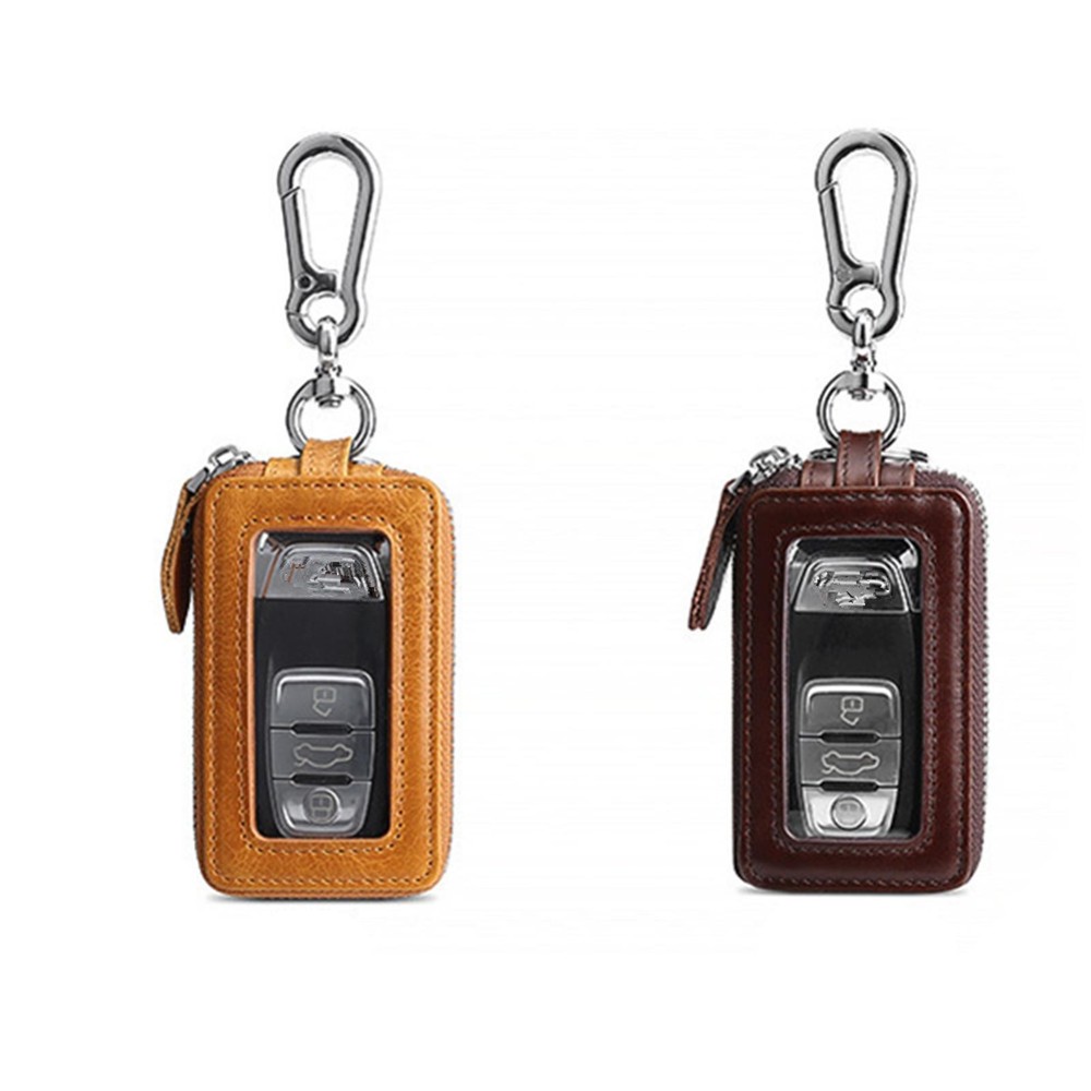 Double Layer Genuine Leather Car Key Holder Case with Zipper Pouch
