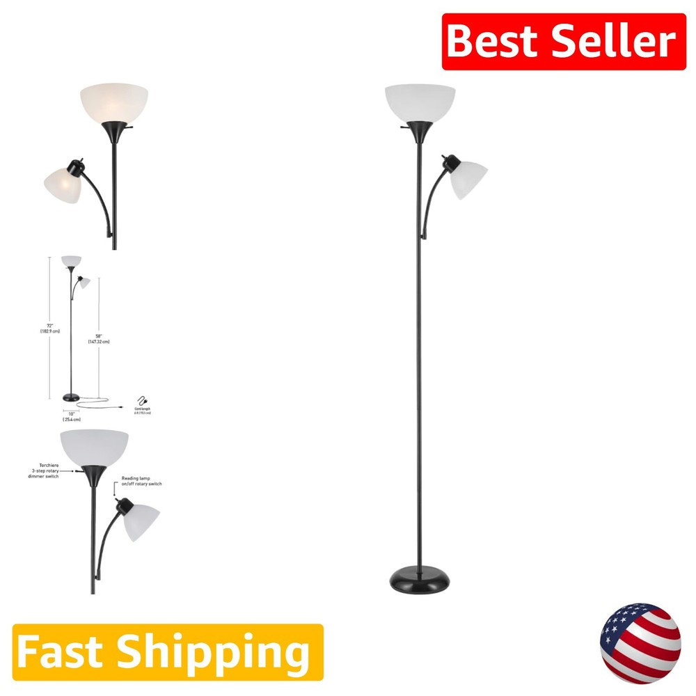 Elegant Torchiere Floor Lamp + Adjustable Reading Light, Matte Black Finish