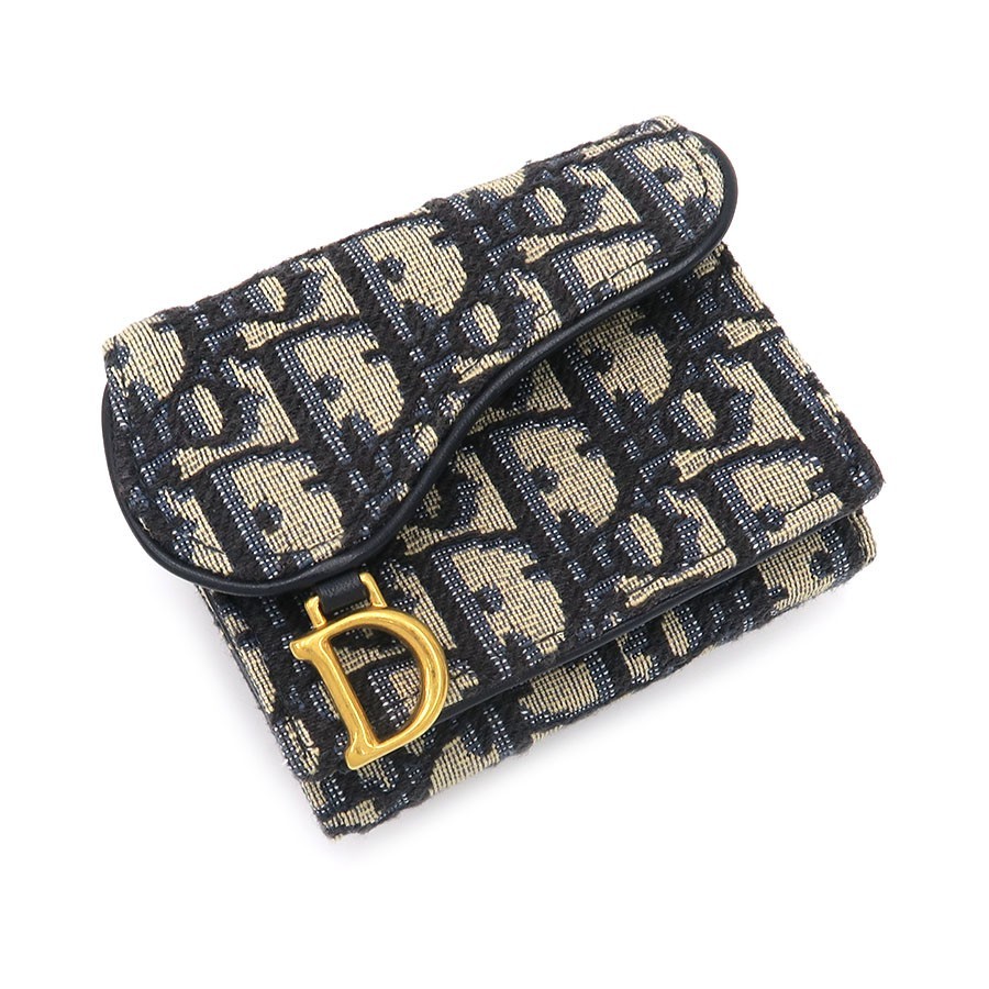 DIOR Saddle Compact Wallet S5653 Navy Blue Oblique Canvas Authentic with Box