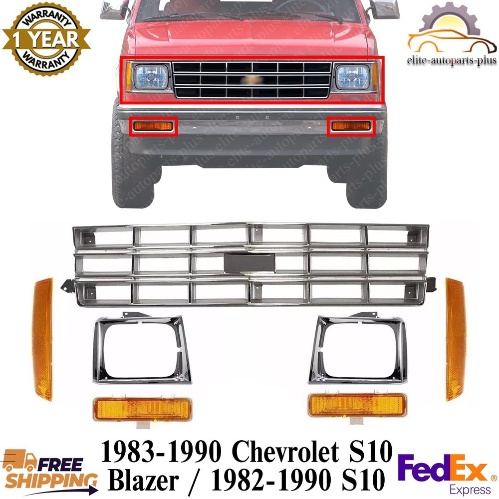 Front Bumper Grille + Headlight Bezels +Signal & Corner Lights For 1982-1990 S10