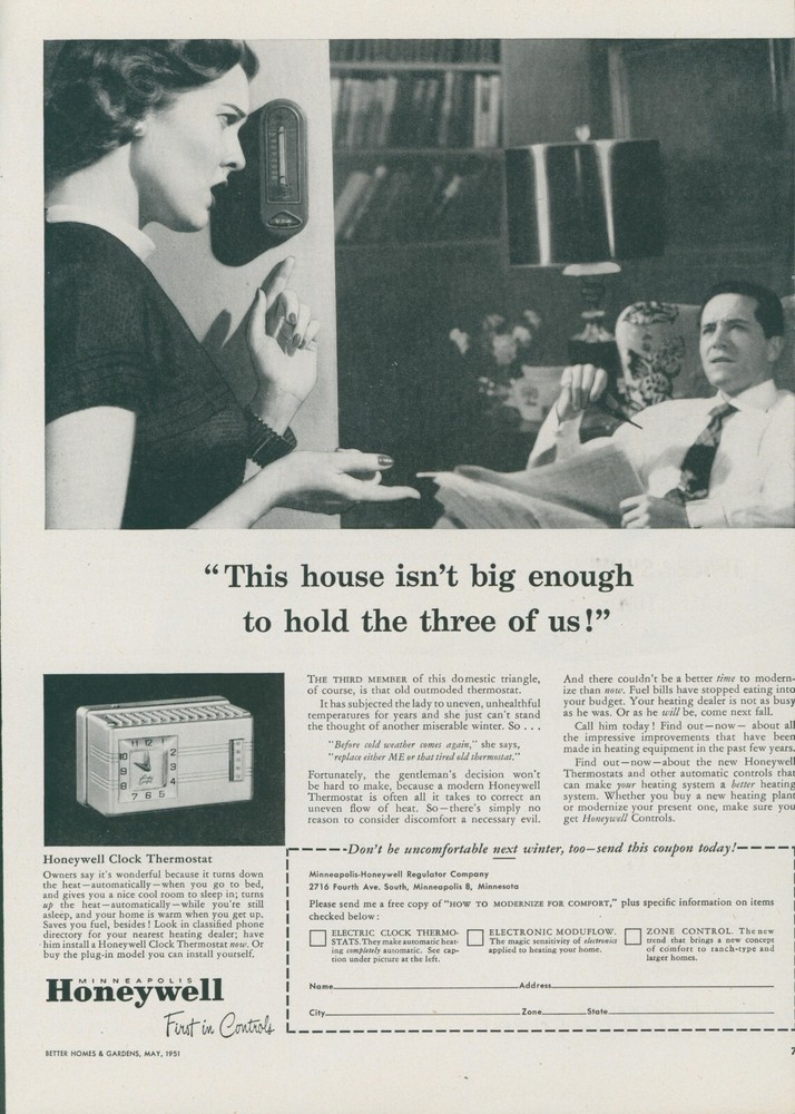 1951 Honeywell Clock Thermostat Replaced Outmoded Happy Wife Vtg Print Ad BH1