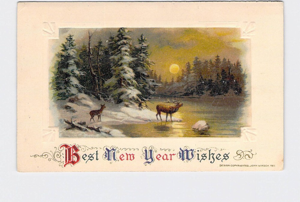 Holiday Postcard New Year Wishes Elk On Snow Covered Bank Winsch Embossed