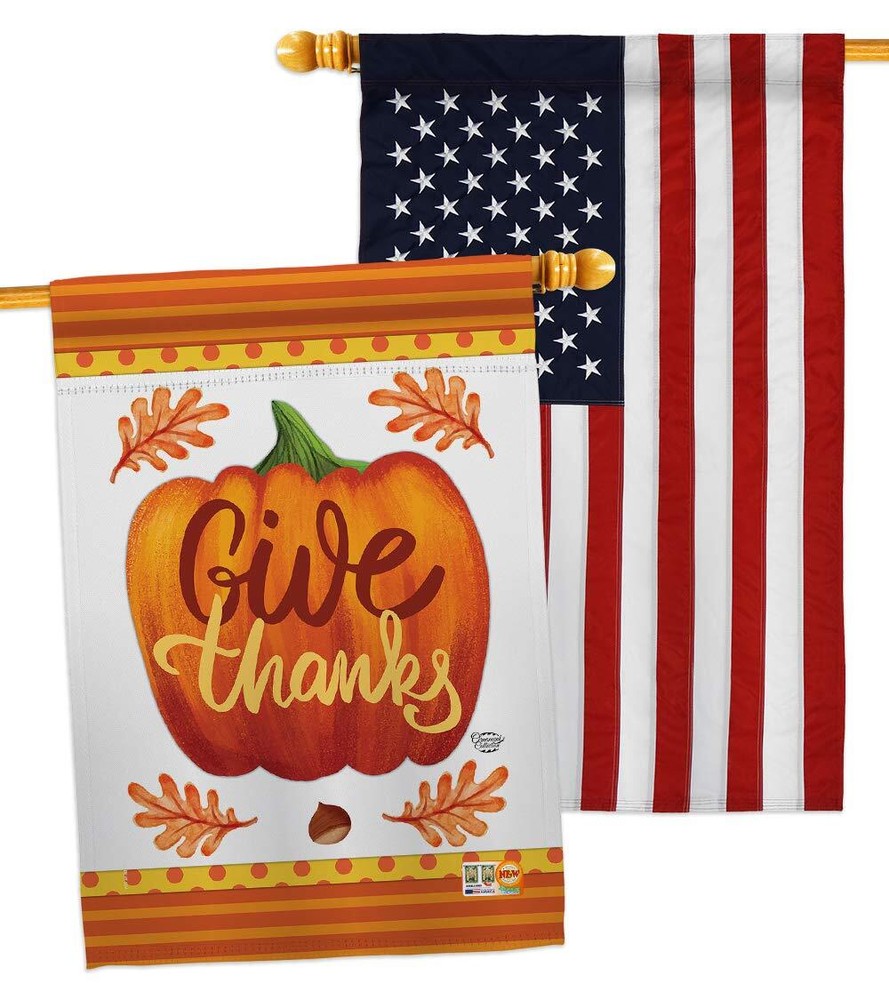 Pumpkin Give Thanks Fall Thanksgiving House Flag with Turkey Gobble Design  