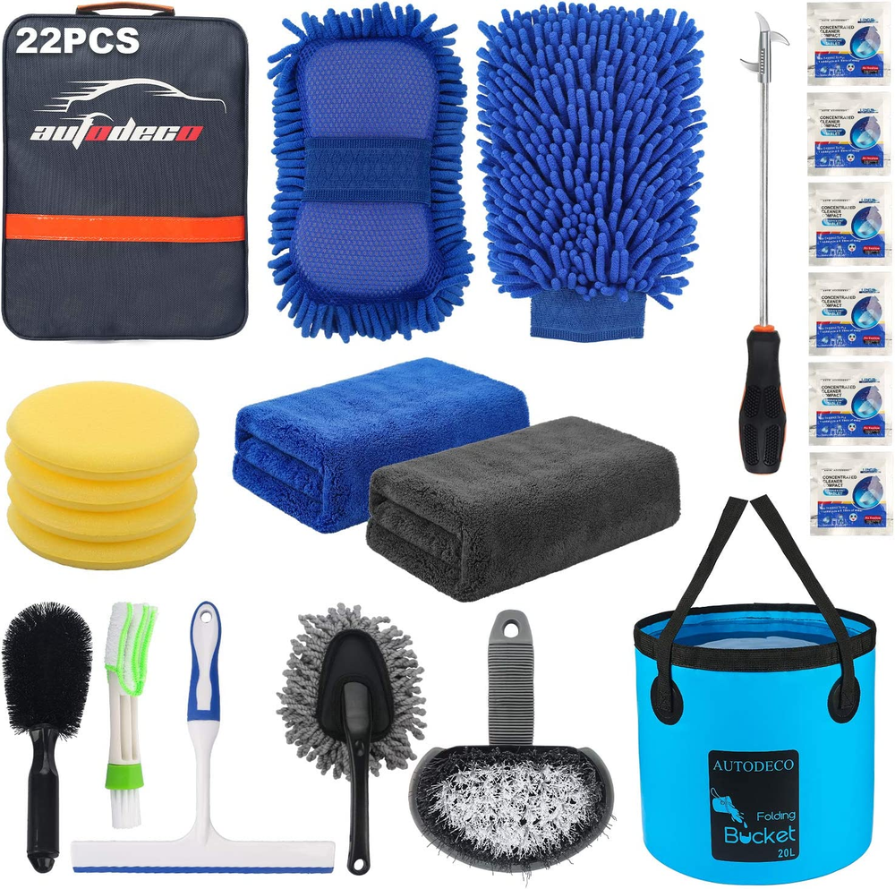 AUTODECO 22Pcs Car Wash Cleaning Tools Kit Car Detailing Set with Blue Canvas Ba